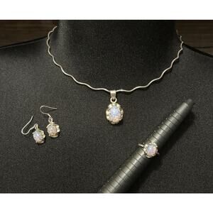 Artisan Jewelry Set Pink Dichroic Glass & Sterling 925 Necklace Ring Earrings